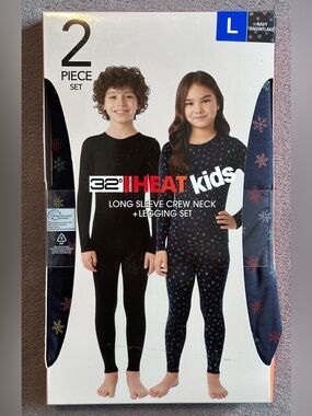 32 Degrees Kid's Heat Base Layer 2 Piece Set (Navy Snowflake)/ Size: L/ NWT